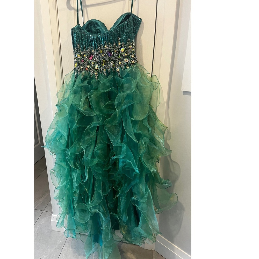 Emerald Green High Low Dress Sequin Crystal Embellished Ruffle Gown Strapless SM - Picture 11 of 17